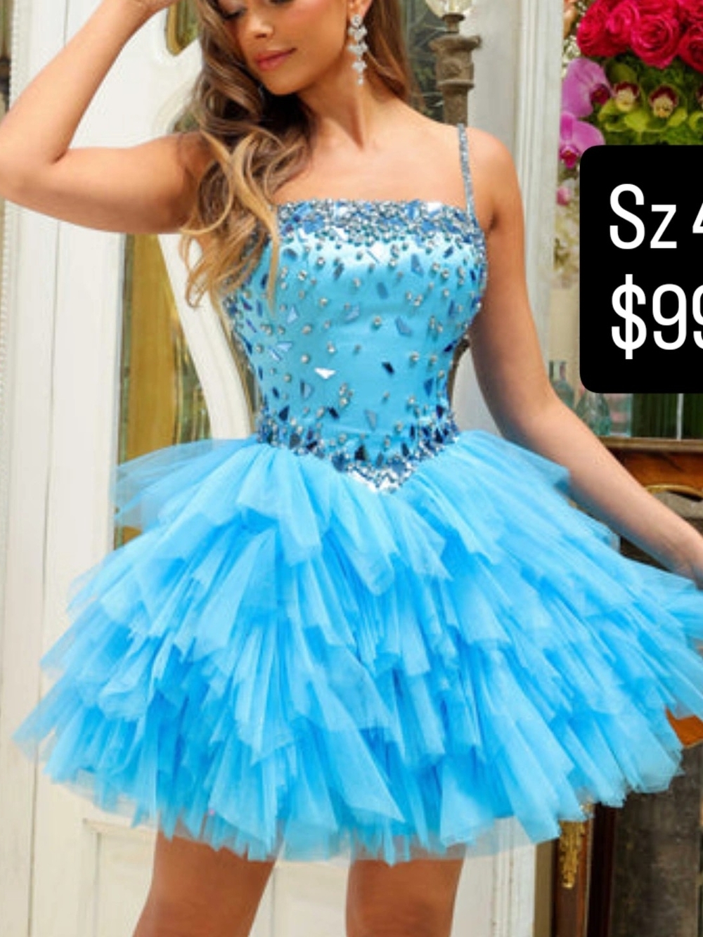 Blue Crystal Embellished Tulle Mini Dress - Women
